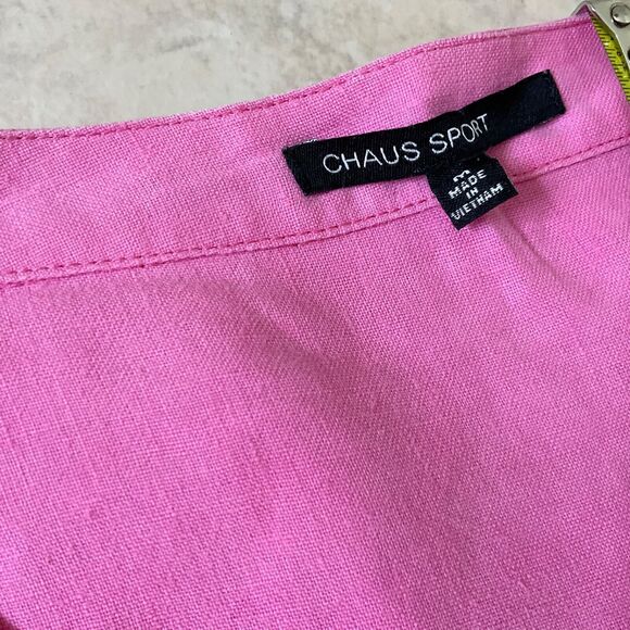 Chaus Sport Top Linen women’s M Pink Roll Tab Sleeves Button up Pin Tuck Blouse - Picture 4 of 10